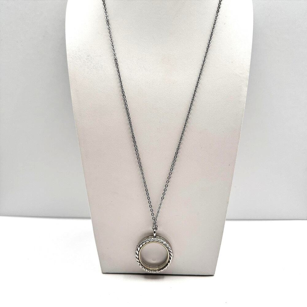 Vintage 90s Silver Tone Floating Locket Necklace Rope Twist Clear Glass Charm